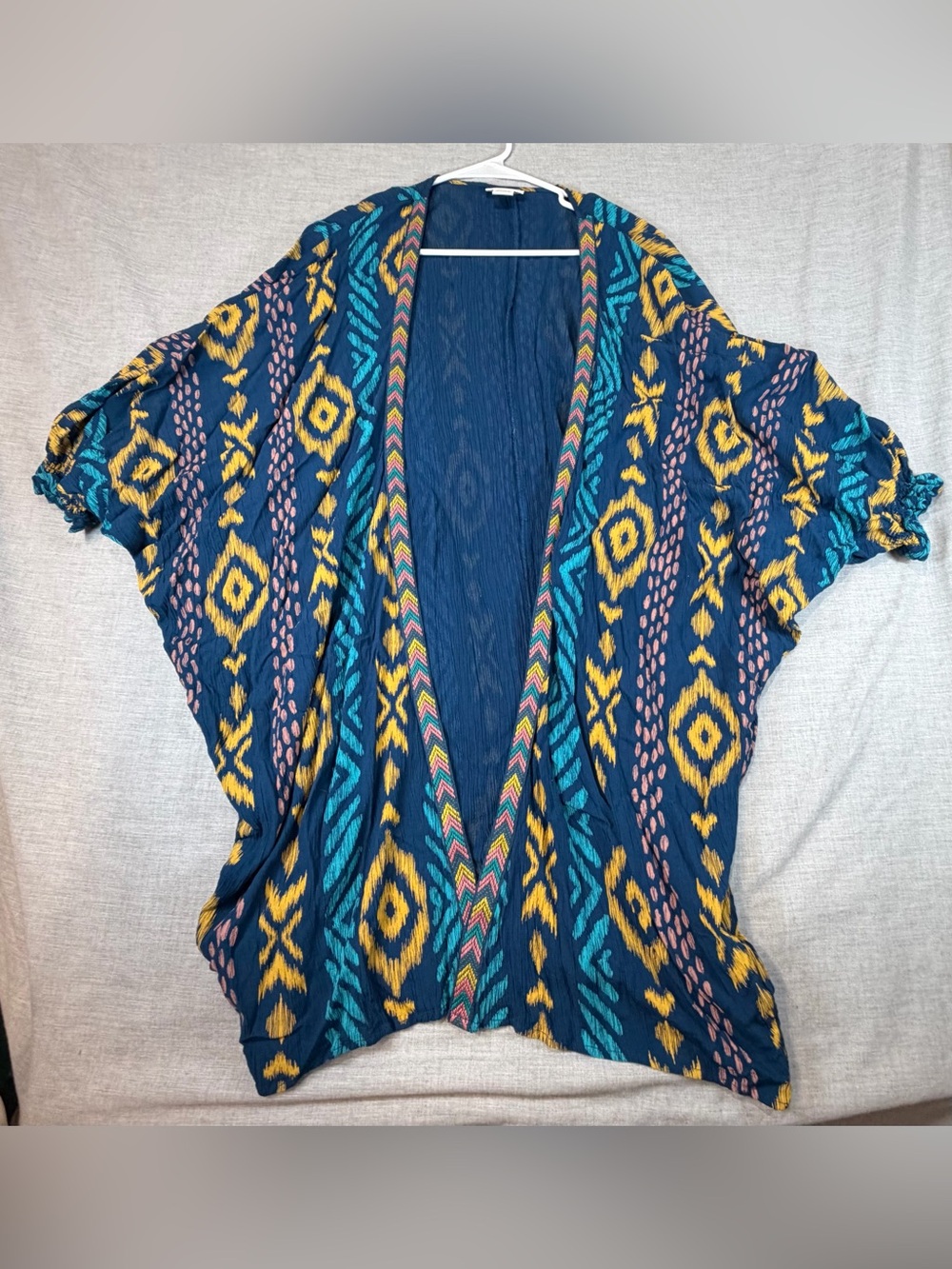 Ariat Navy Open-Front Kimono with Yellow Teal and Pink Pattern